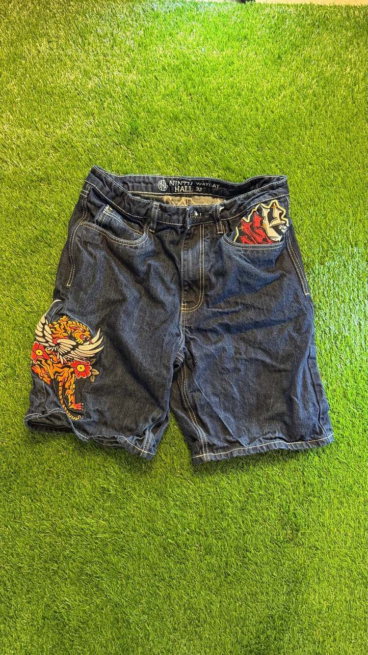 Ninth Hall Waylay Denim Shorts Size 32 Blue Tiger Embroidery